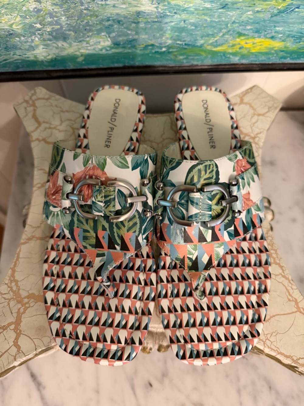 Donald J. Pliner Kent Coral, Green & Black Patterned Slide Sandals
